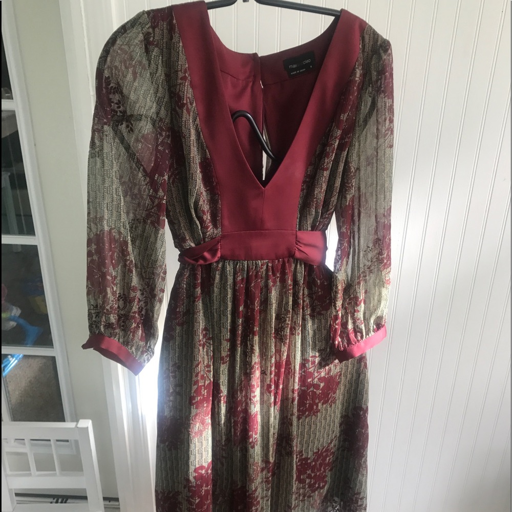 Burgundy Floral Print Faux Wrap Dress